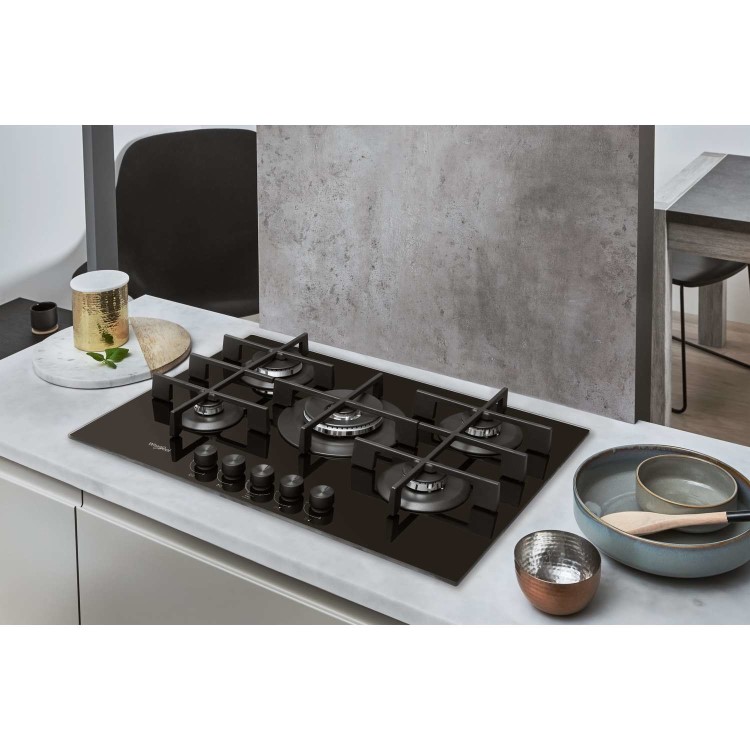 Whirlpool GOW7553NB W Collection 73cm Wide Five Burner Gas-on-glass Hob - Black Glass With Cast Iron Pan Stands