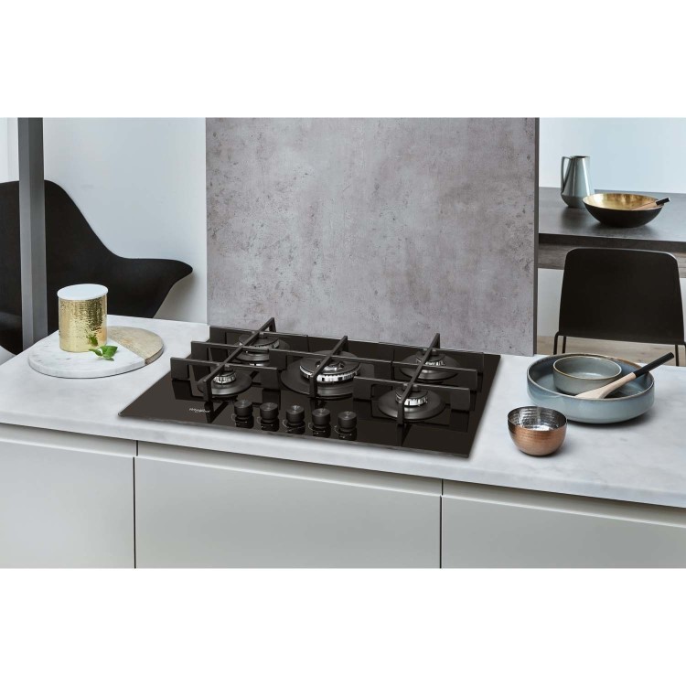 Whirlpool GOW7553NB W Collection 73cm Wide Five Burner Gas-on-glass Hob - Black Glass With Cast Iron Pan Stands
