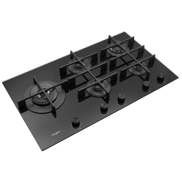 Whirlpool GOW9553NB W Collection 86cm Wide Five Burner Gas-on-glass Hob - Black Glass With Cast Iron Pan Stands