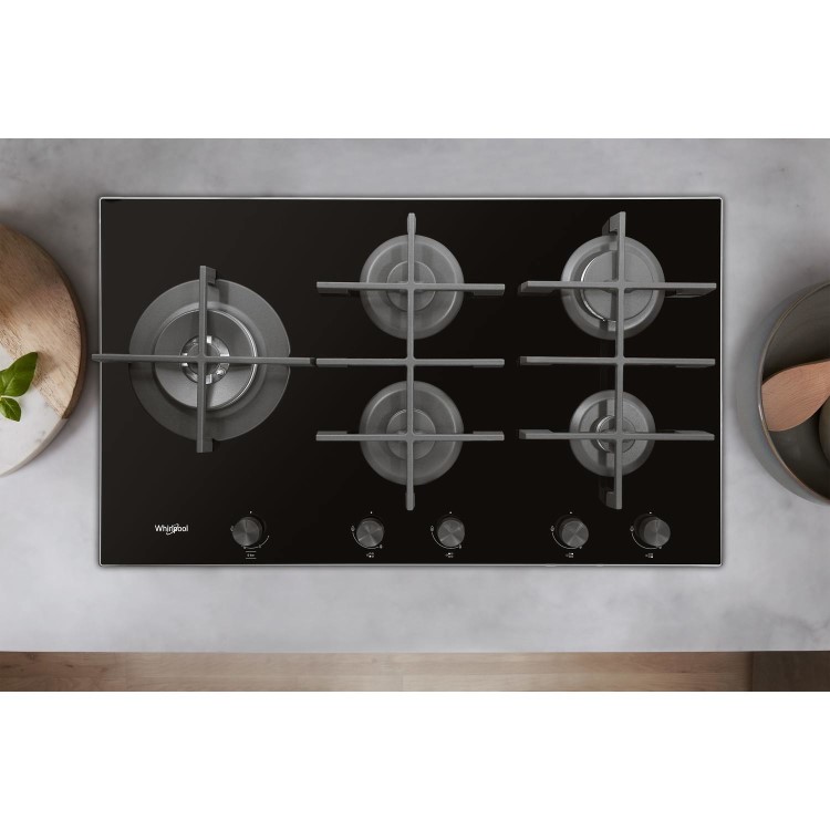 Whirlpool GOW9553NB W Collection 86cm Wide Five Burner Gas-on-glass Hob - Black Glass With Cast Iron Pan Stands