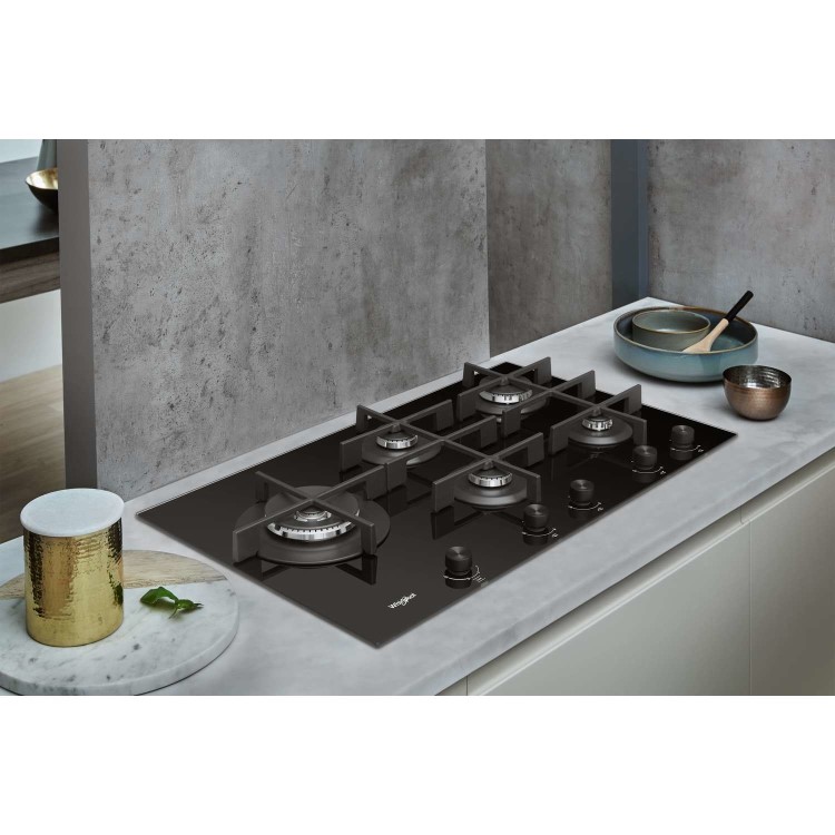 Whirlpool GOW9553NB W Collection 86cm Wide Five Burner Gas-on-glass Hob - Black Glass With Cast Iron Pan Stands