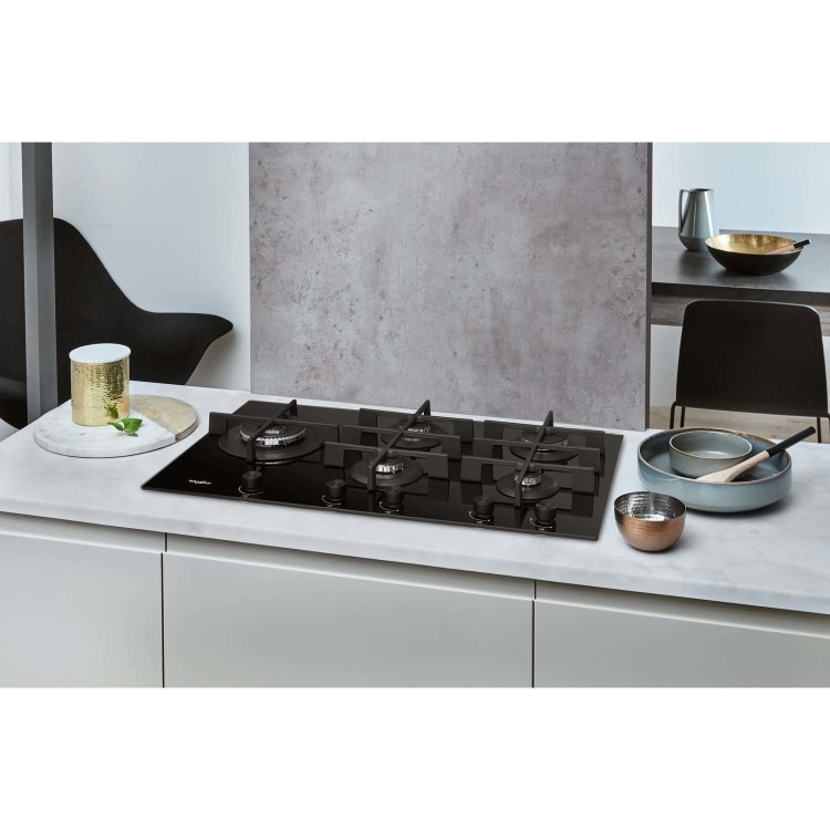Whirlpool GOW9553NB W Collection 86cm Wide Five Burner Gas-on-glass Hob - Black Glass With Cast Iron Pan Stands