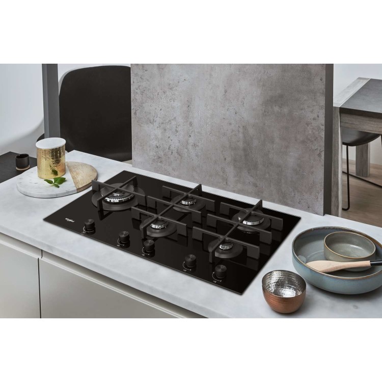 Whirlpool GOW9553NB W Collection 86cm Wide Five Burner Gas-on-glass Hob - Black Glass With Cast Iron Pan Stands