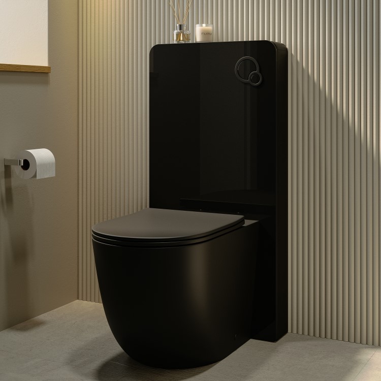 Black Glass Cabinet with Cistern & Pneumatic Dual Flush Button for Back to Wall Toilets - Hako