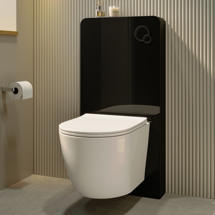 Black Glass Cabinet with Cistern, Frame & Pneumatic Dual Flush Button for Wall Hung Toilets - Hako