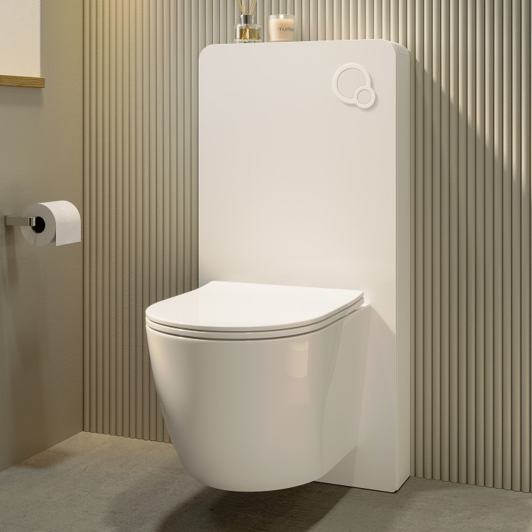 White Glass Cabinet with Cistern, Frame & Pneumatic Dual Flush Button for Wall Hung Toilets - Hako