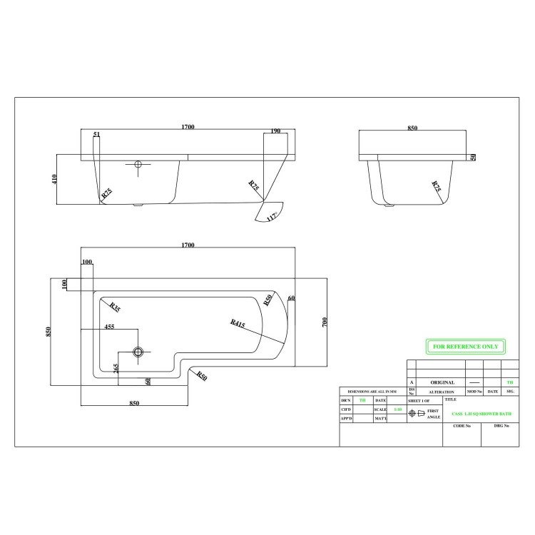 Lena Left Hand L Shape Shower Bath with Side Panel & Shower Screen - 1700 x 700mm
