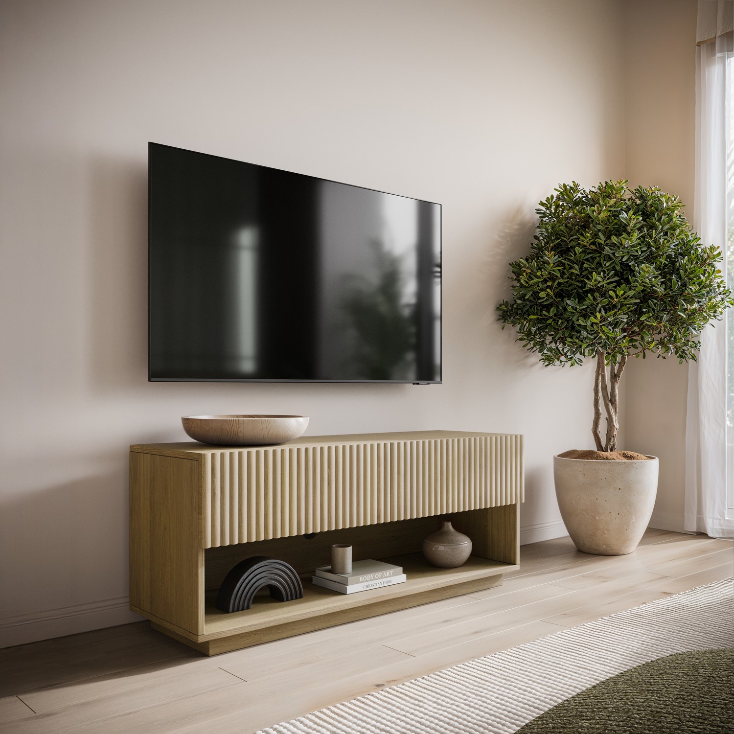 Hazel Small Oak Ribbed Tv Stand With Storage Tv's Up To 55 HAZ004