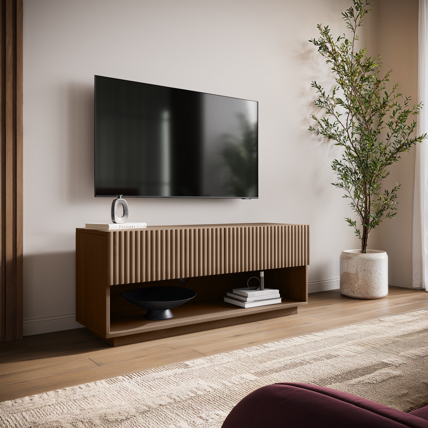 Hazel Small Walnut Ribbed Tv Stand With Storage Tv's Up To 55 HAZ005