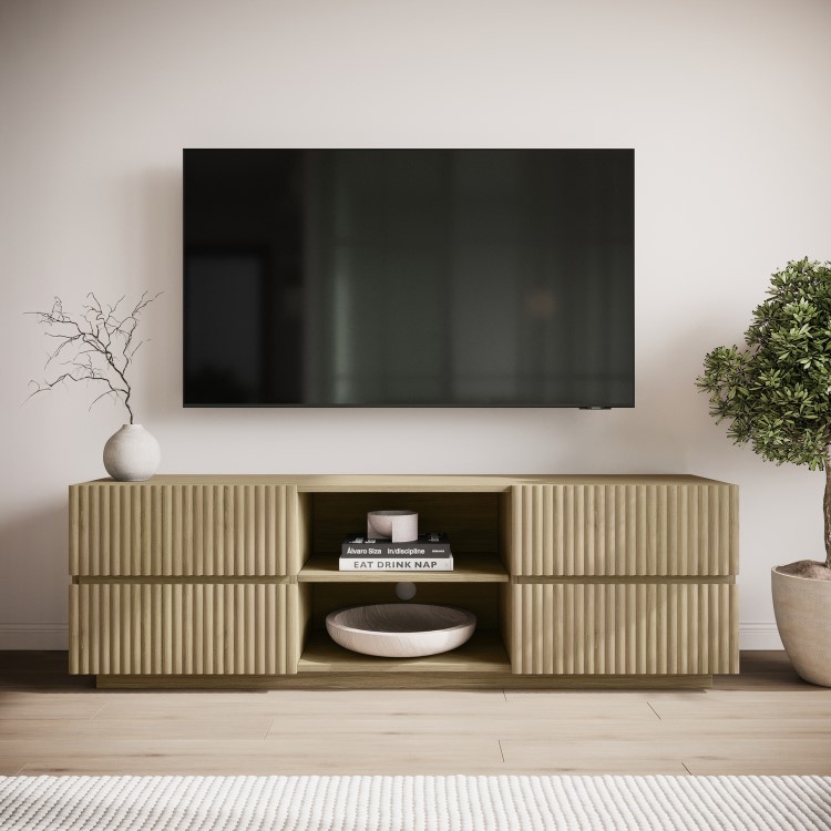 Large Oak Ribbed TV Stand with Storage - TV's up to 70" - Hazel