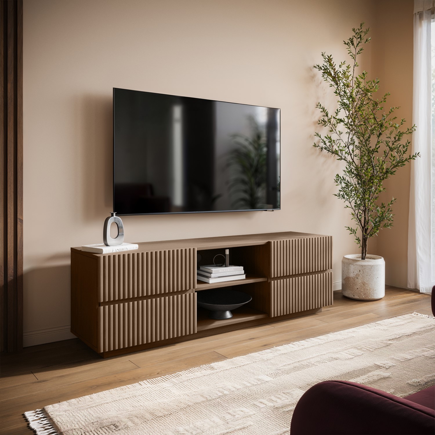 Hazel Large Walnut Ribbed Tv Stand With Storage Tv's Up To 70 HAZ007