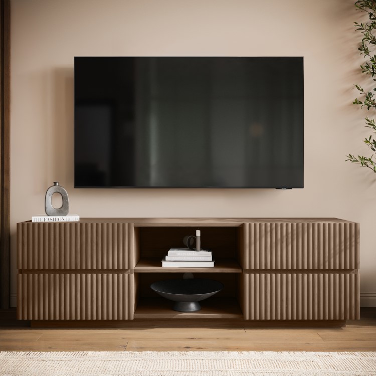 Large Walnut Ribbed TV Stand with Storage - TV's up to 70" - Hazel