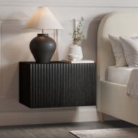 Wide Black Floating Bedside Table with Storage - Hazel