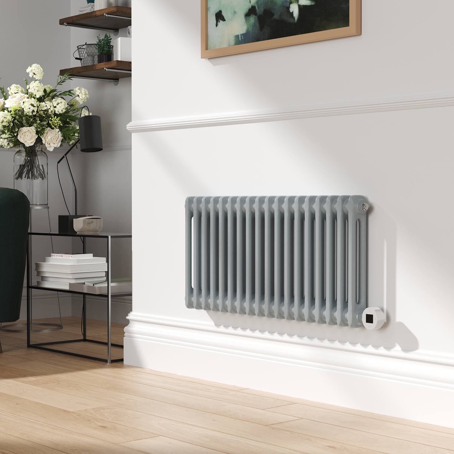 Electriq Salt & Pepper Horizontal Smart Electric Radiator With Wi-Fi Thermostat 1.2Kw H400xw830 Bathroom Safe HC18-400-1.2SPW