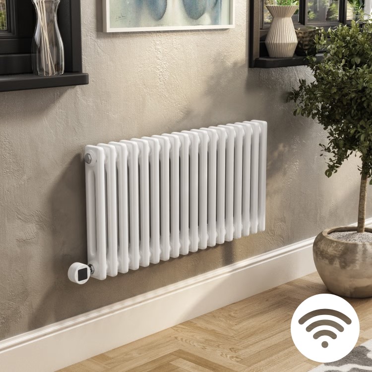 White Horizontal Column Smart Electric Radiator with Wi-Fi Thermostat - 1.2kW - H400xW830mm - Bathroom Safe