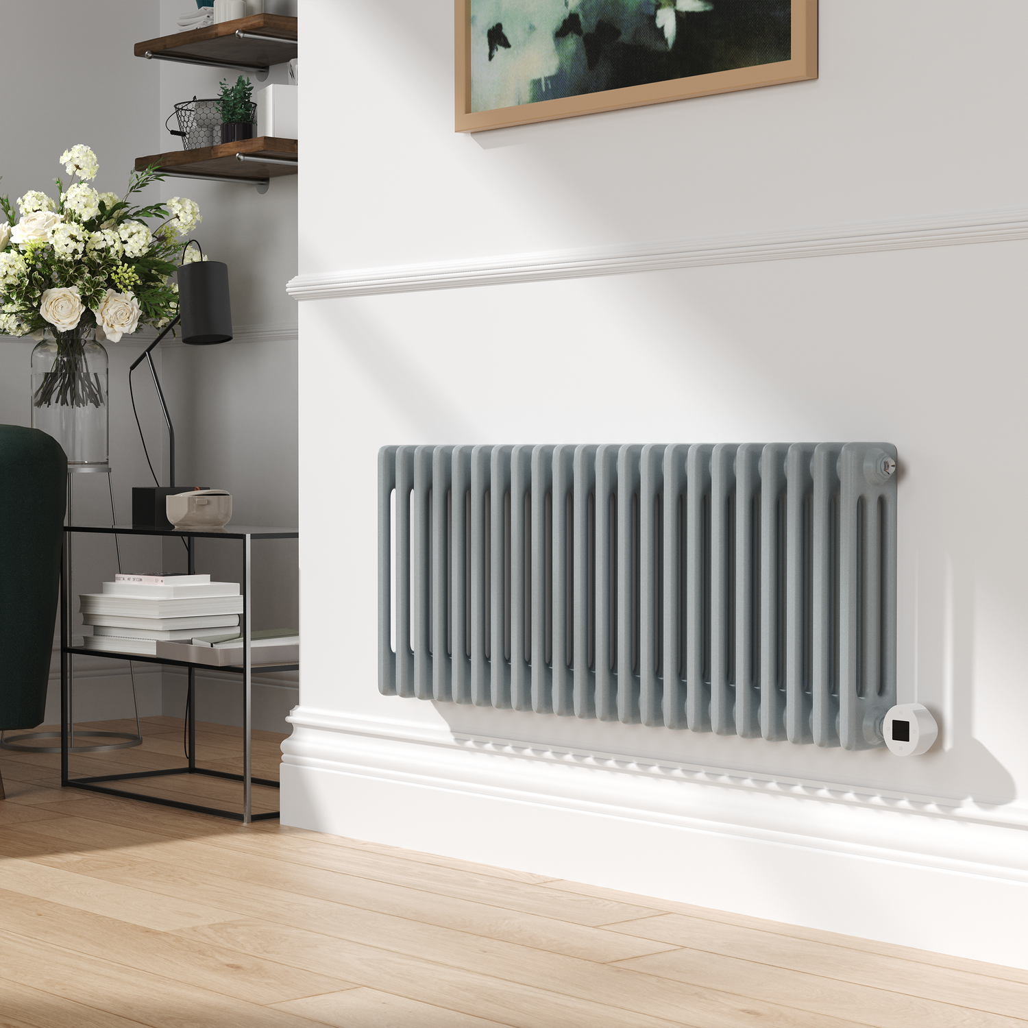 Salt & Pepper Horizontal Smart Electric Radiator Wi Fi Thermostat 1.2KW H400xW1190 Bathroom Safe