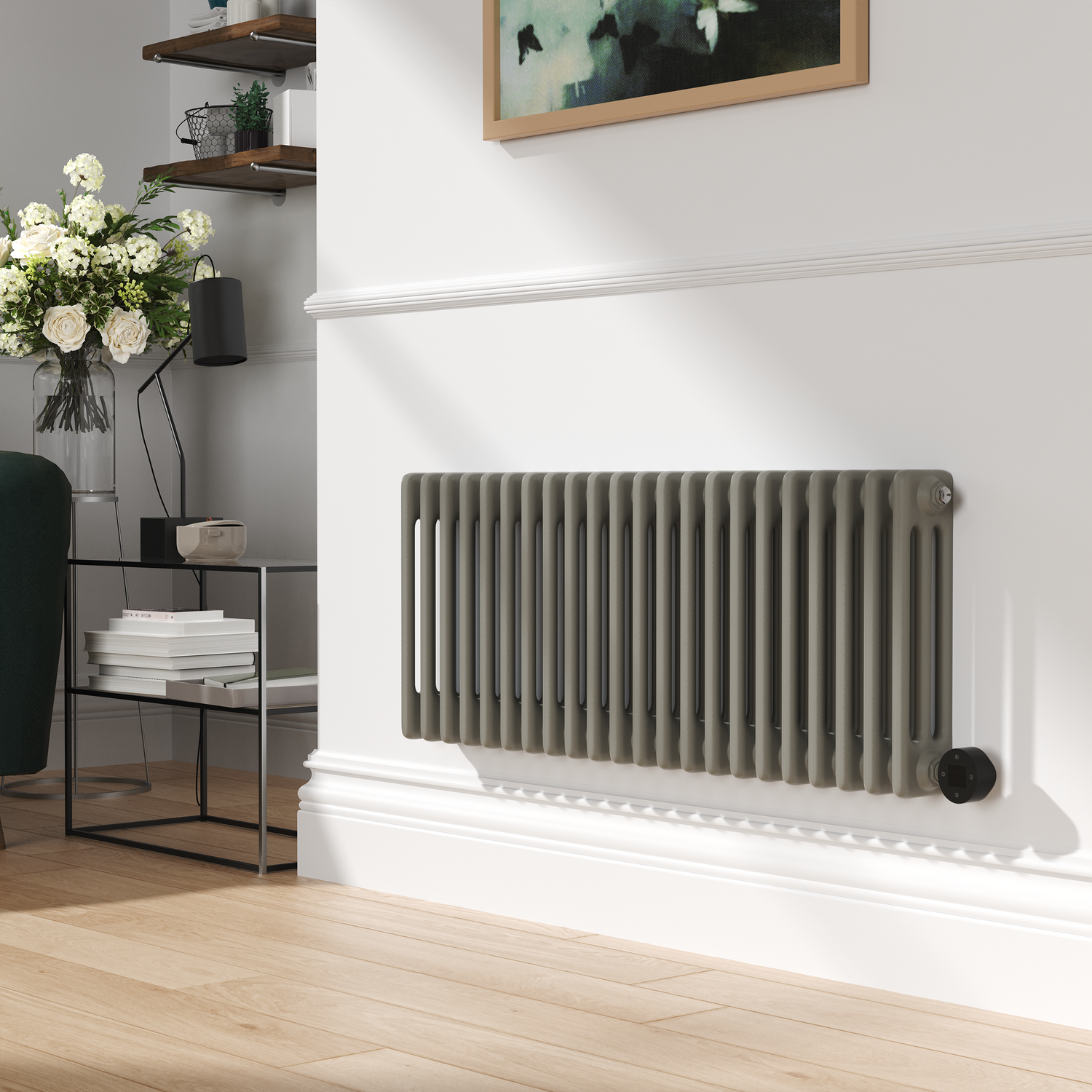Smoked Horizontal Smart Electric Radiator Wi Fi Thermostat 1.2KW H400xW1190 Bathroom Safe