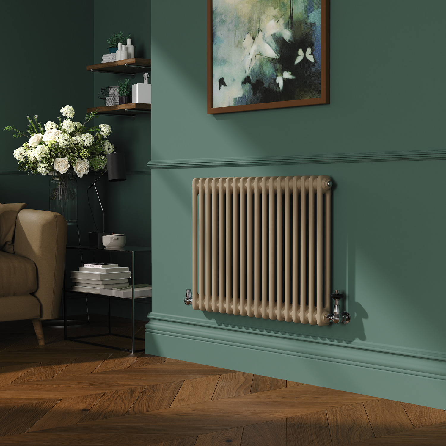 Beige Horizontal Double Column Traditional Radiator 600x830mm 2832 BTU Cast Iron Style