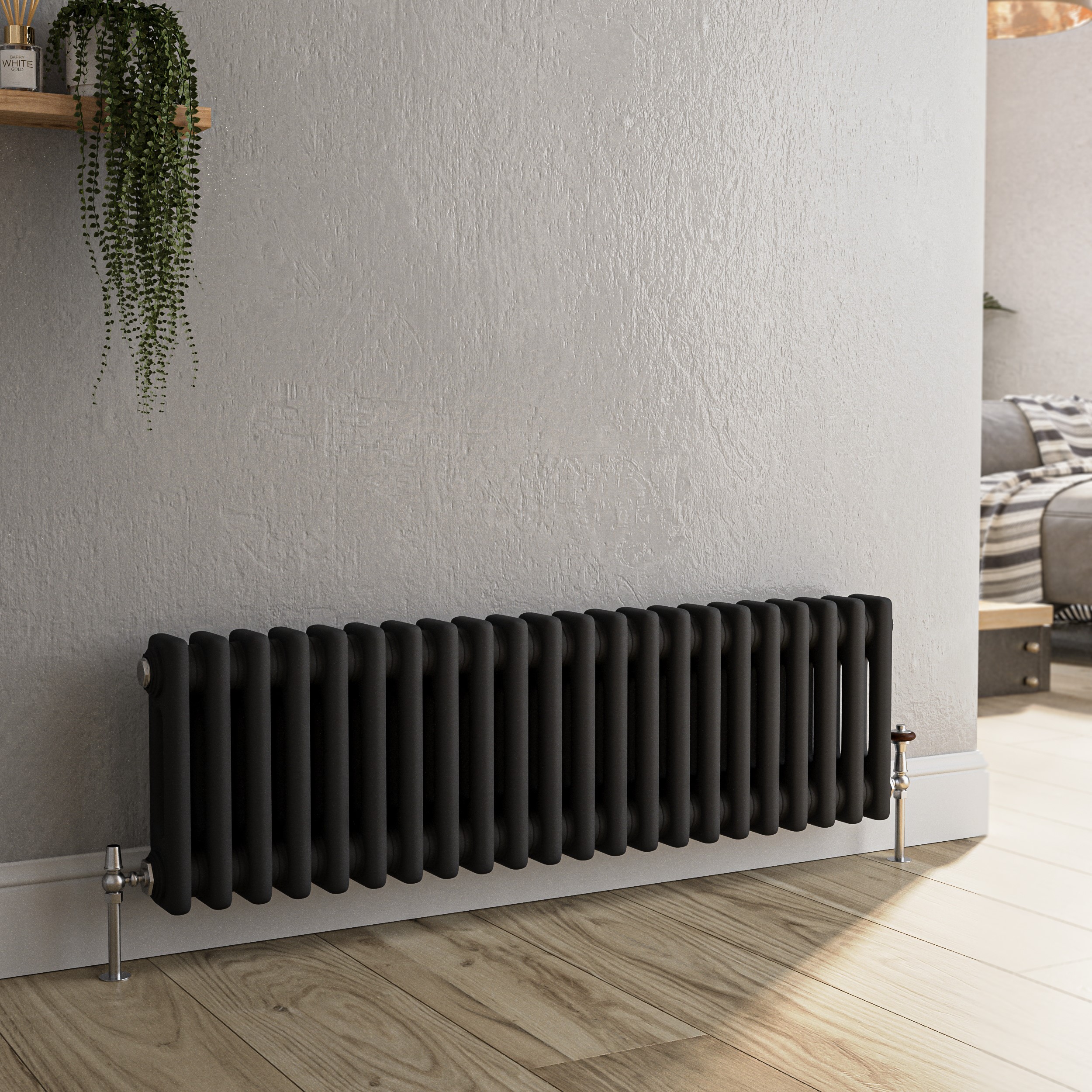 Reggio Midnight  Horizontal Double Column Traditional Radiator 300X1010mm 1797 Btu Cast Iron Style HCD22-300-BCT