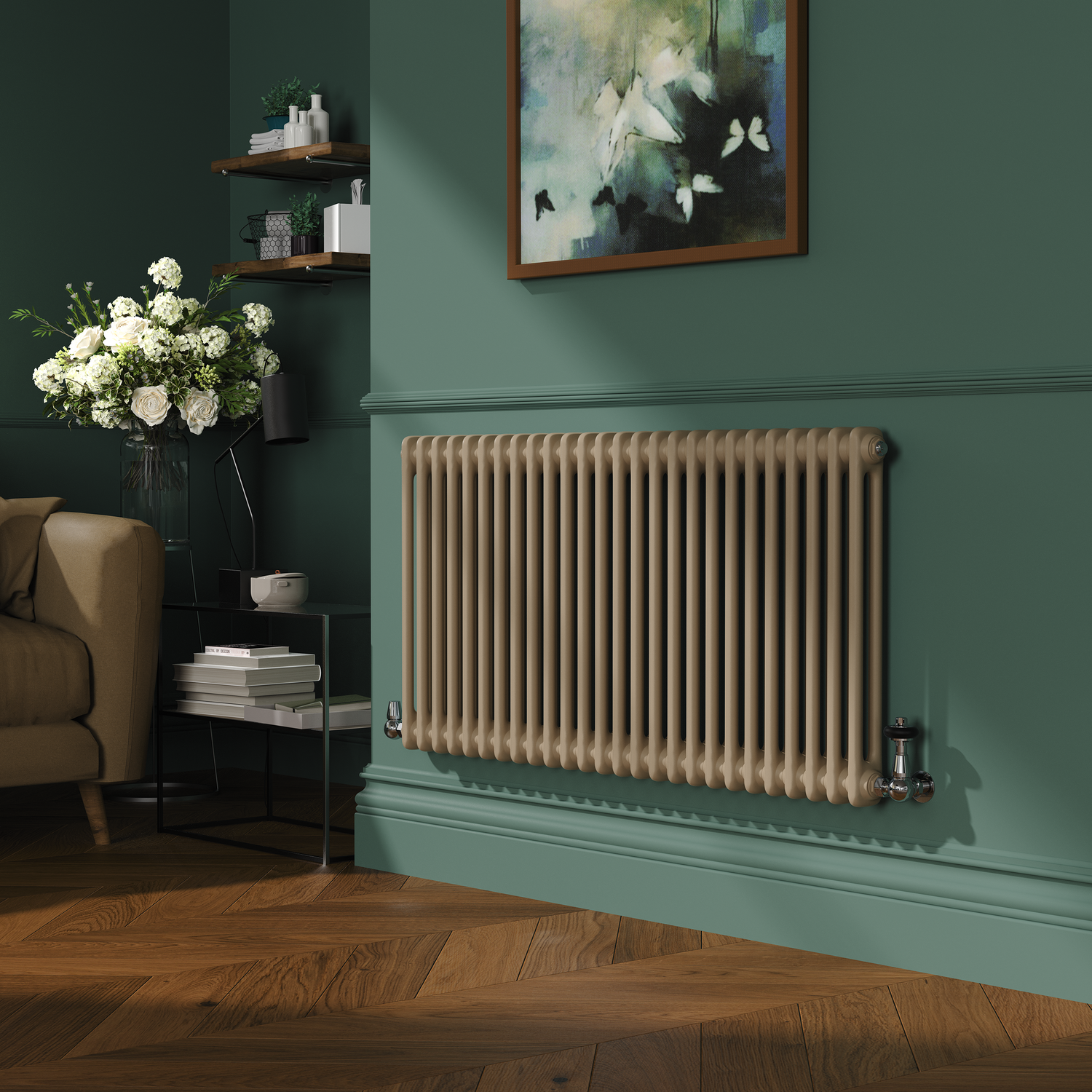 Beige Horizontal Double Column Traditional Radiator 600x1190mm 4091 BTU Cast Iron Style