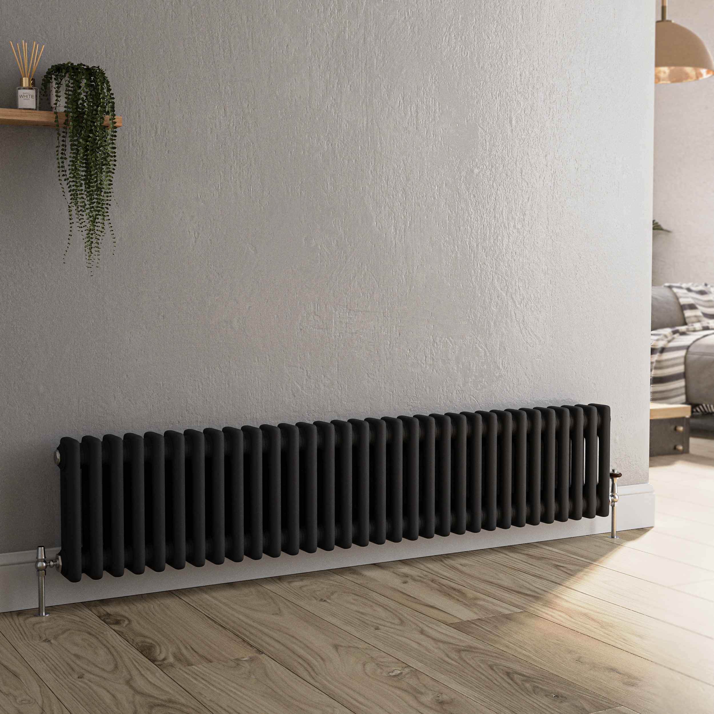 Reggio Midnight  Horizontal Double Column Traditional Radiator 300X1460mm 2614 Btu Cast Iron Style HCD32-300-BCT