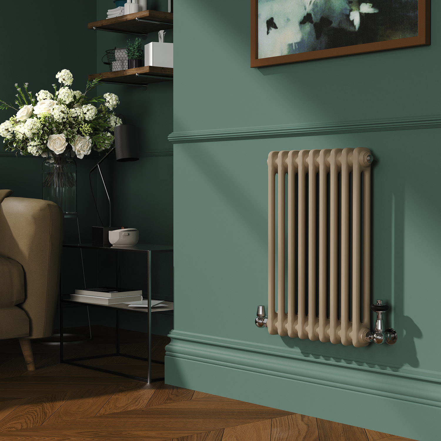 Beige Horizontal Double Column Traditional Radiator 600x425mm 1416 BTU Cast Iron Style