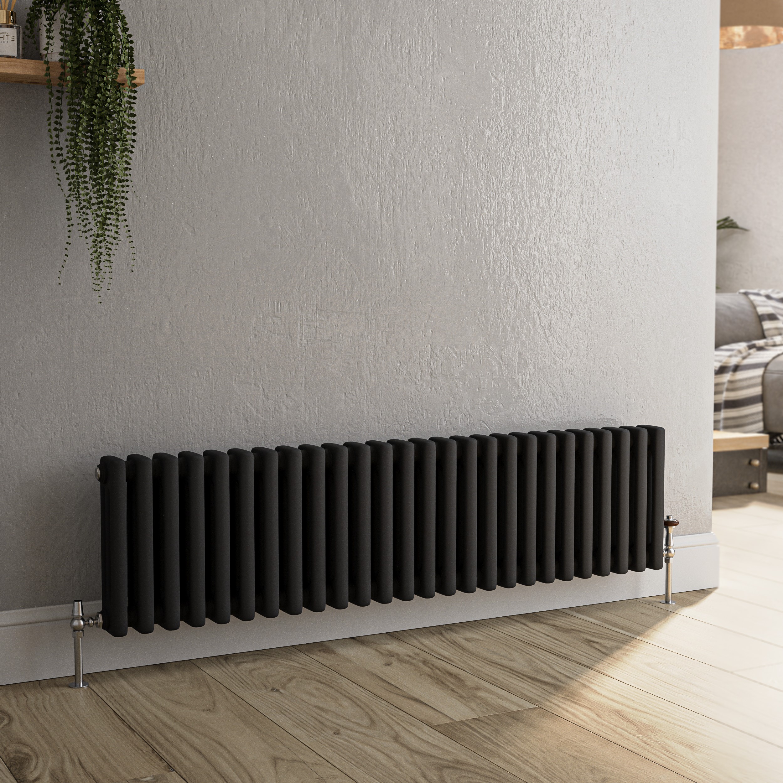 Reggio Midnight  Horizontal Triple Column Traditional Radiator 300X1190mm 2682 Btu Cast Iron Style HCT26-300-BCT