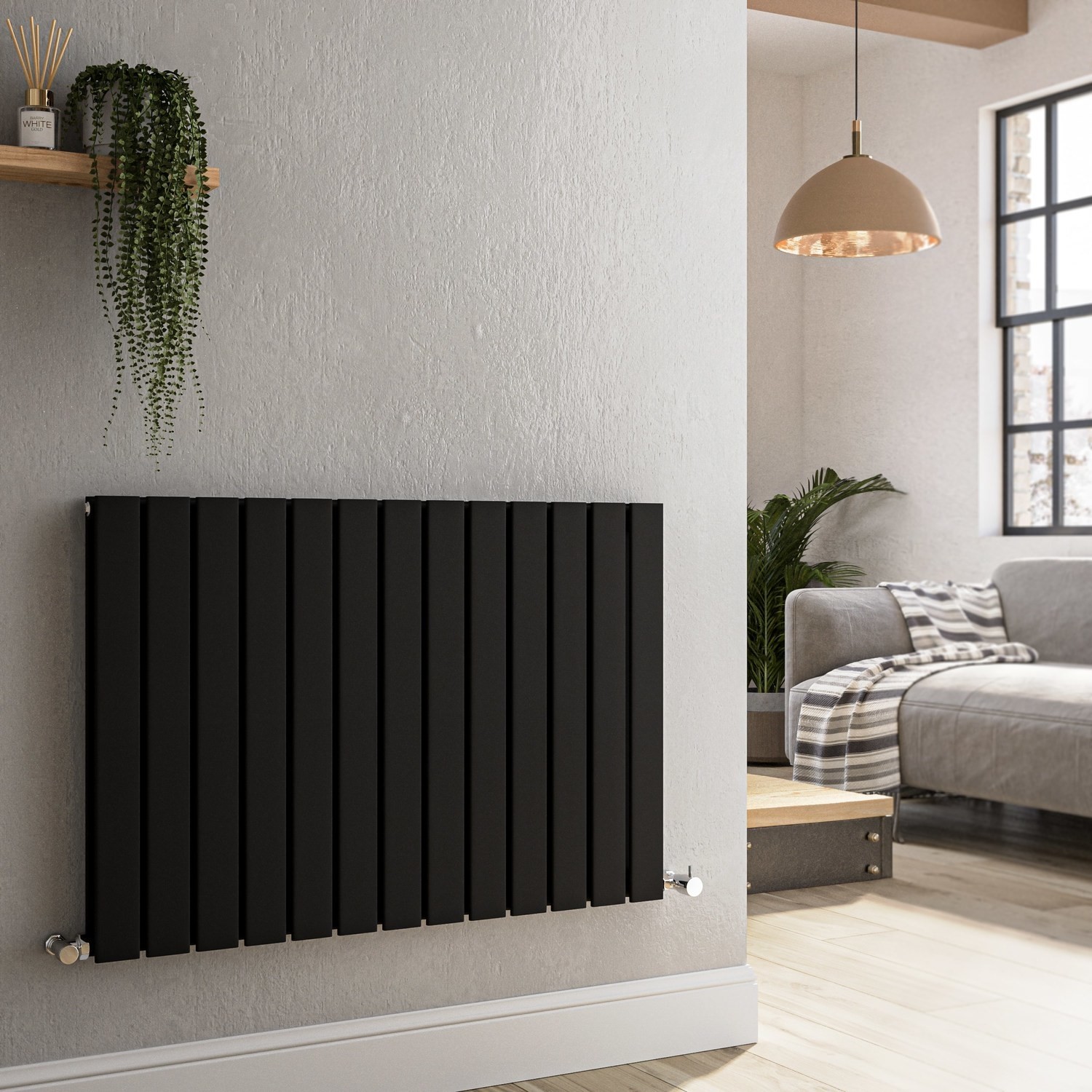 Riace Black Midnight Horizontal Flat Designer Radiator 600X884mm Double Panel 3342 Btu Size 88.4