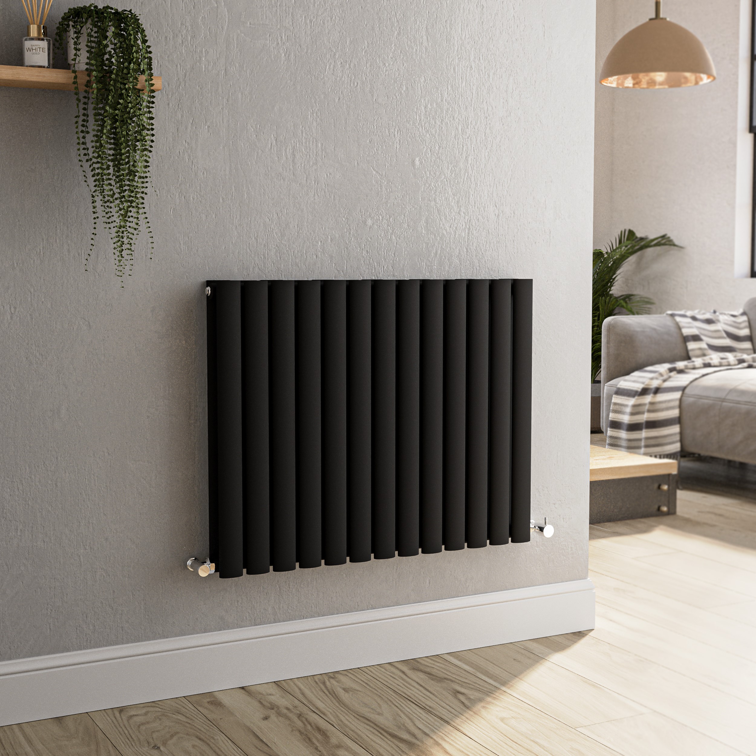 Sorrento Black Midnight Horizontal Oval Designer Radiator 600X767mm Double Panel 3119 Btu Size 76.7