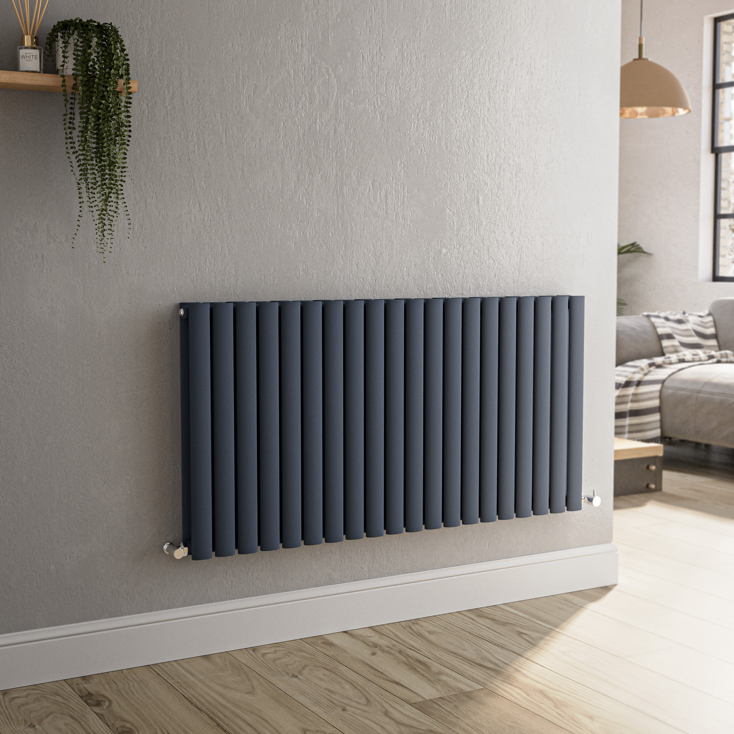 Sorrento Grey Anthracite Horizontal Oval Designer Radiator 600X1180mm Double Panel 4798 Btu Size 118