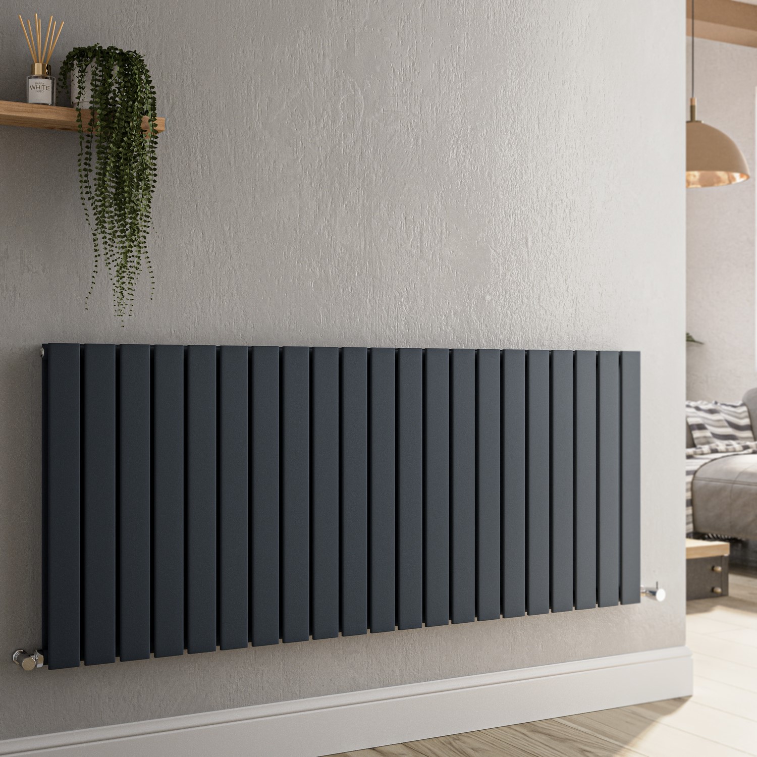 Riace  Horizontal Flat Designer Radiator 600X1428mm Double Panel 5398 Btu HD21-600-DGCF