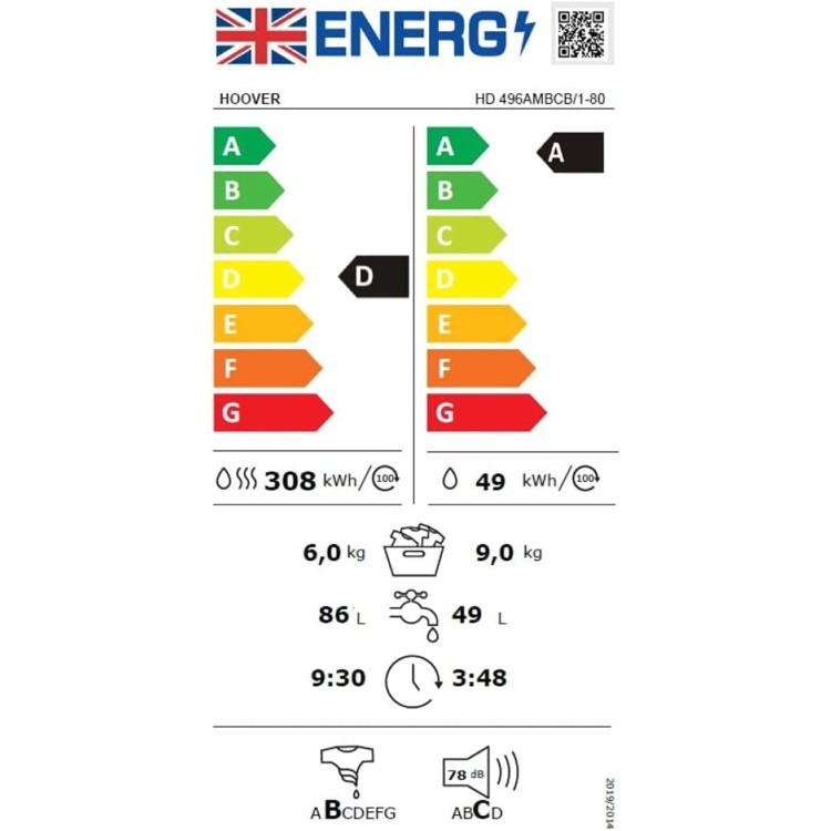 Hoover H-Wash 500 9kg Wash 6kg Dry 1400rpm Washer Dryer - Black