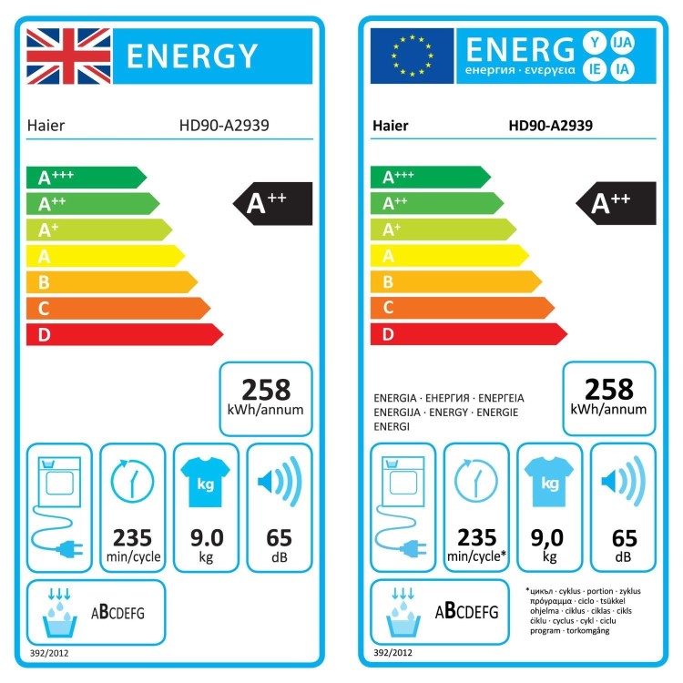 Haier 939 Series 3 9kg Heat Pump Tumble Dryer - White