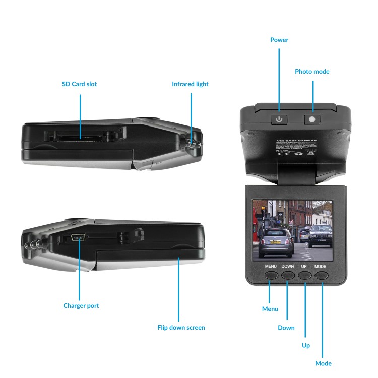 VIZ 720p HD car dashboard camera with  wide angle 2.5 Inch  colour screen