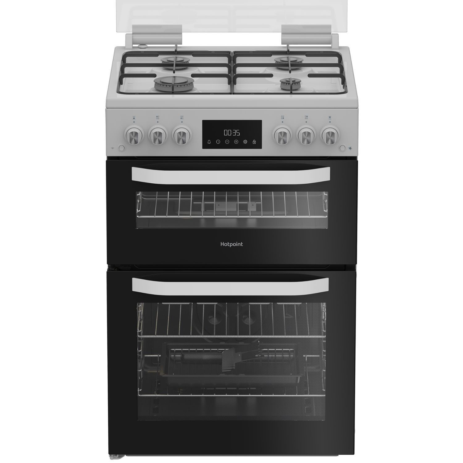Hotpoint HDG6GDCW 60cm Double Oven Gas Cooker with Glass Lid in White