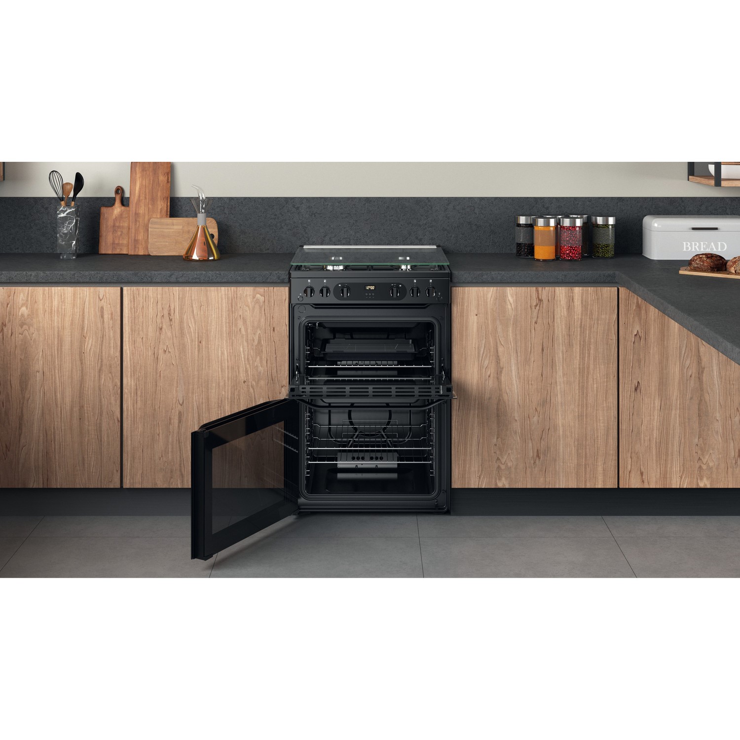 Hotpoint 60cm Double Oven Gas Cooker with Lid Black HDM67G0CCB