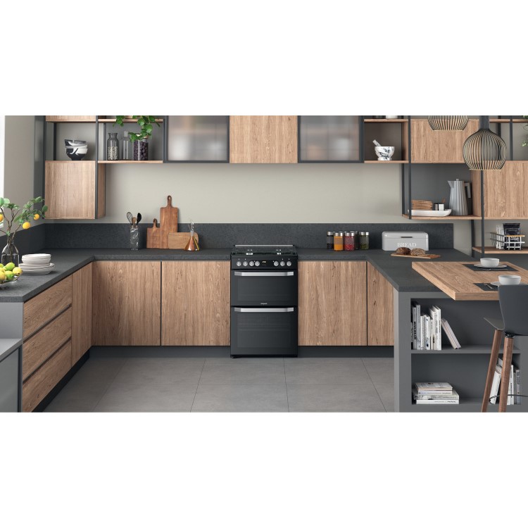 Refurbished Hotpoint HDM67G9C2CB 60cm Double Oven Dual Fuel Cooker with Assisted Cleaning Black