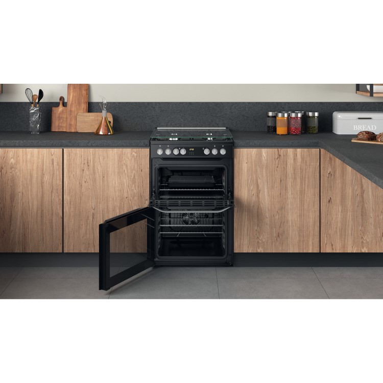 Refurbished Hotpoint HDM67G9C2CB 60cm Double Oven Dual Fuel Cooker with Assisted Cleaning Black