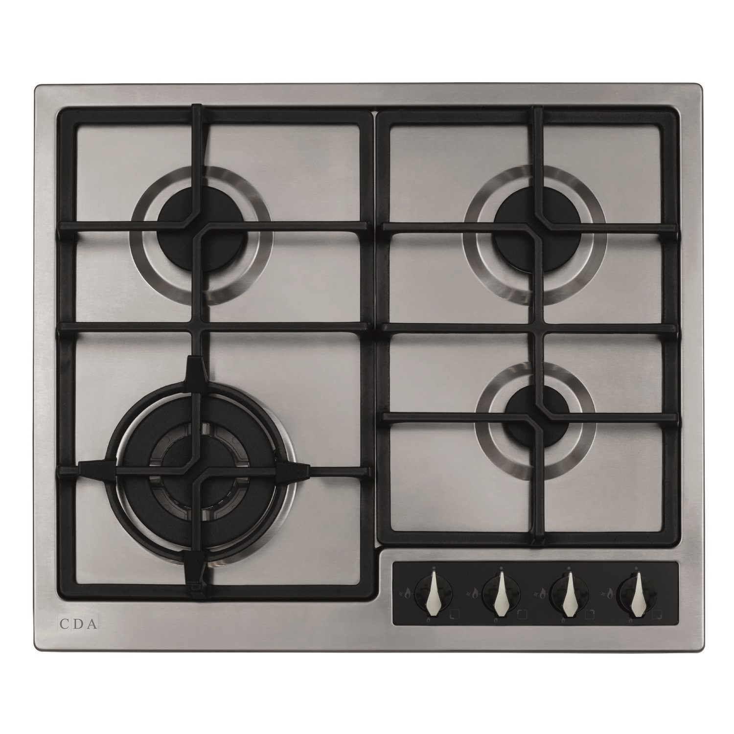 CDA 58cm 4 Burner Gas Hob with Wok Burner and Cast Iron Pan Stands - Stainless Steel