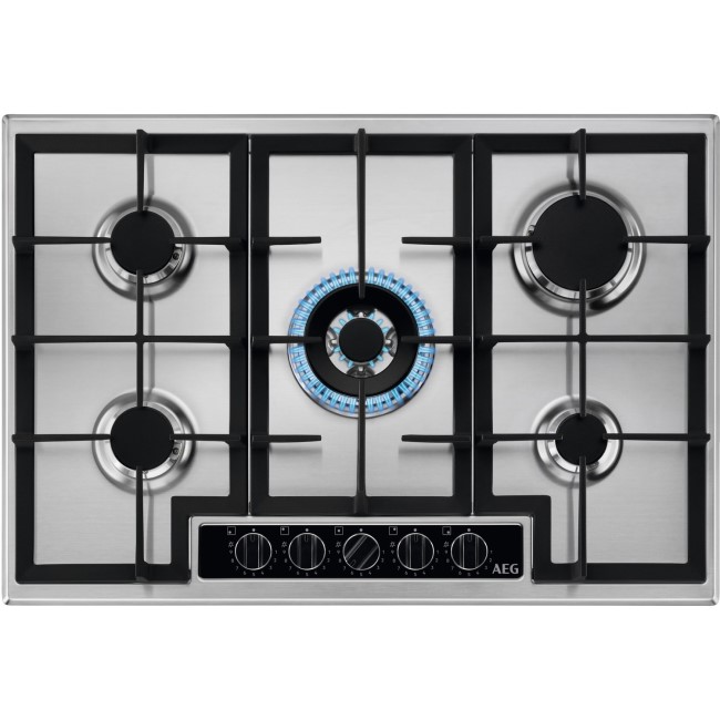 AEG 75cm 5 Burner Gas Hob with Wok Burner Stainless Steel HGB75420YM Appliances Direct