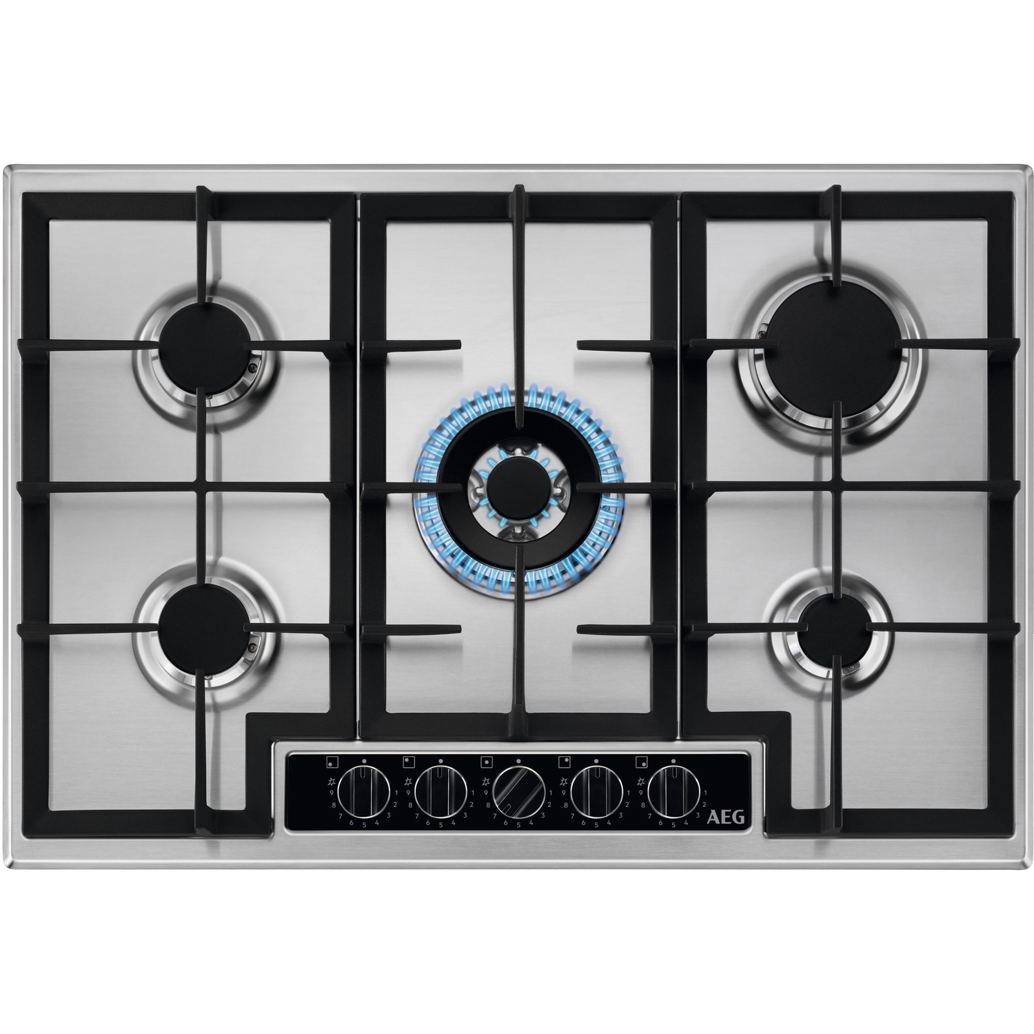 AEG 75cm 5 Burner Gas Hob with Central Wok Burner - Stainless Steel