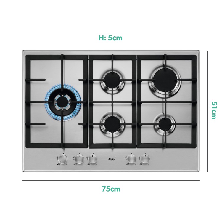Refurbished AEG HGB75500SM 75cm 5 Burner Gas Hob with Side Wok Burner Stainless Steel