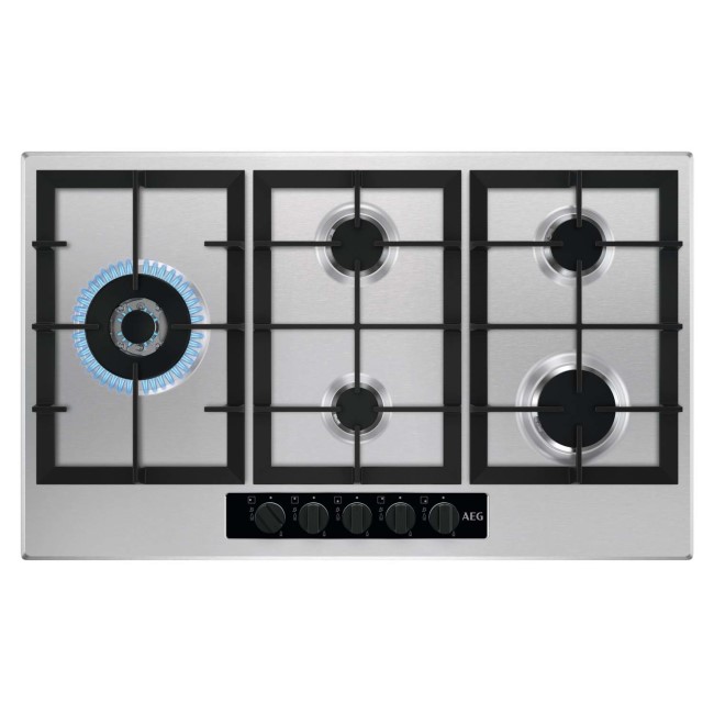 AEG HGB95520YM 86cm Five Burner Gas Hob With Cast Iron Pan Stands - Stainless steel