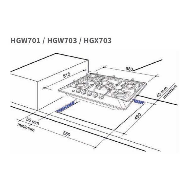 Nordmende HGX703BGL Black 70cm Gas-on-Glass Hob with Central Wok Burner - Front Control