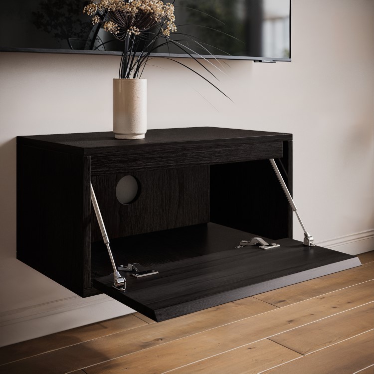 Wide Black Floating Bedside Table with Storage - Hiro