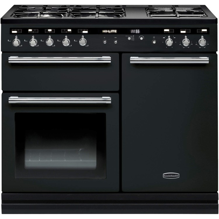 Rangemaster 104860 Hi Lite 100cm Dual Fuel Range Cooker Gloss Black And Chrome