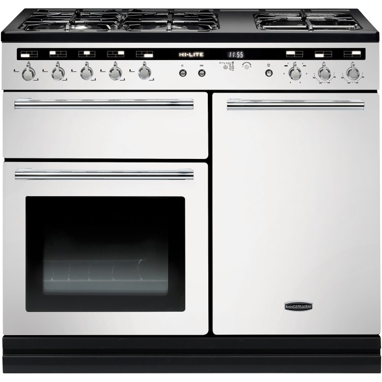 Rangemaster 104910 Hi Lite 100cm Dual Fuel Range Cooker White And Chrome