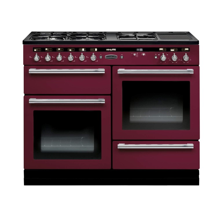 Rangemaster 102620 Hi Lite 110cm Wide Dual Fuel Range Cooker Cranberry And Chrome