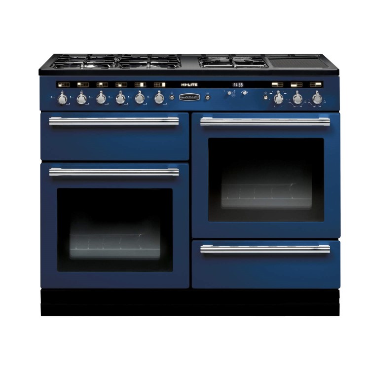 Rangemaster 102630 Hi Lite 110cm Wide Dual Fuel Range Cooker Monaco Blue And Chrome