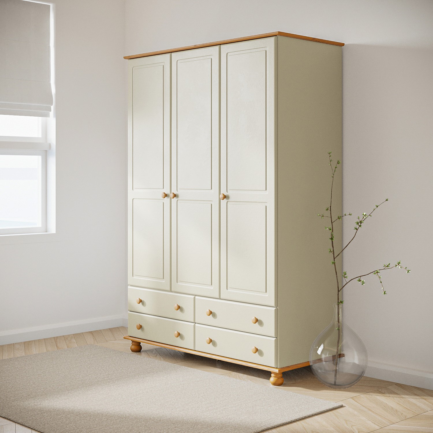 Hamilton 3 Door 4 Drawer Triple Wardrobe In Cream Solid Pine